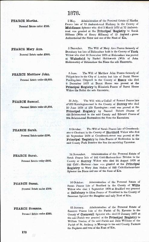 Pearce (Matthew John) 1878 Probate Record